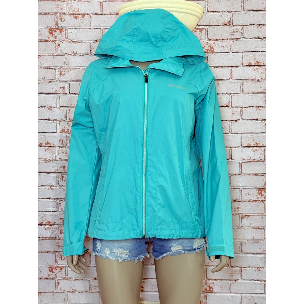 Columbia Womens Turquoise Blue Hooded Windbreaker Jacket Large Full Zip Hiking